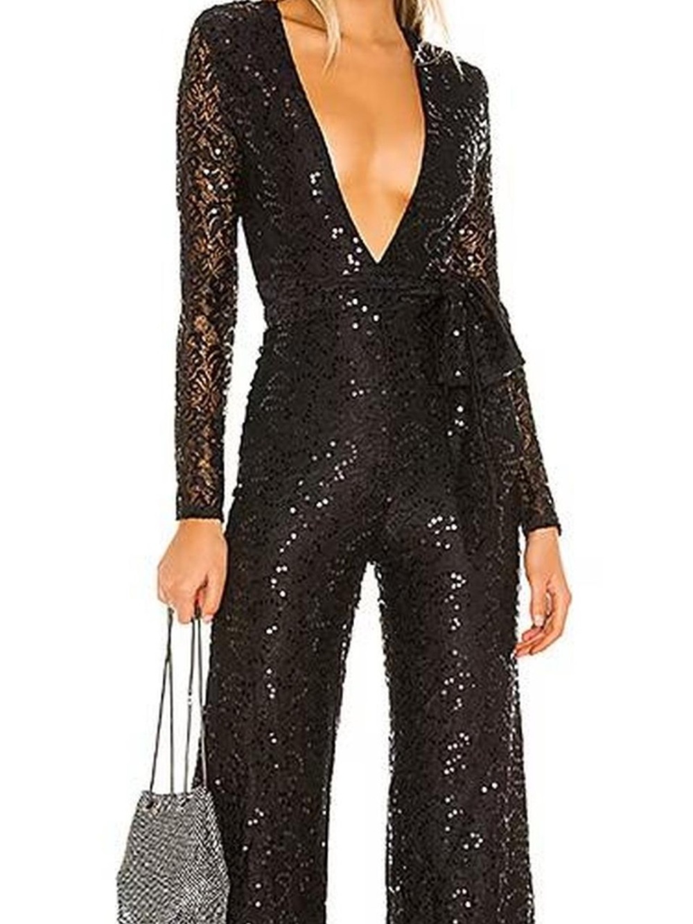 Black Sequin Lace Long-Sleeve Jumpsuit